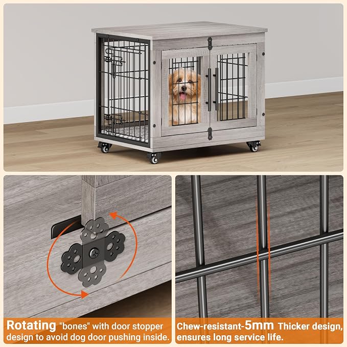 2 Pack Dog Crate Furniture, 27.1'' Heavy Duty Kennel with Cushion & Wheels | Grey, Double Doors, Wooden Dog Cage, Chew-Resistant, End Table, Decorative, 27"/32"/38"/44" Options, Indoor