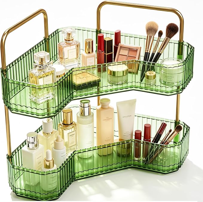 2-Tier Corner Bathroom Organizer, Skincare Vanity Counter Shelf Green | Premium PET Perfume Display Stand with Gold Metal Rods, Space-Saving 90 Degree Storage Rack for Dresser