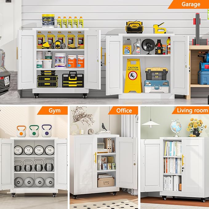 Small Metal Storage Cabinet with Wheels, Lockable Tool Cabinet with Doors | 2 Adjustable Shelves, Locking Doors, Magnetic Closure, Rolling Base, Compact 27.6-Inch Width, Cold-Rolled Steel
