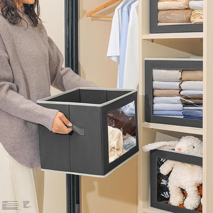 Stackable Storage Bins with Lids - Large Storage Box with Lids, Foldable Closet Boxes for Organizing, Wardrobe Clothes Organizer with Window, Cubes Bins for Living Room, 4 Pack, Dark Grey