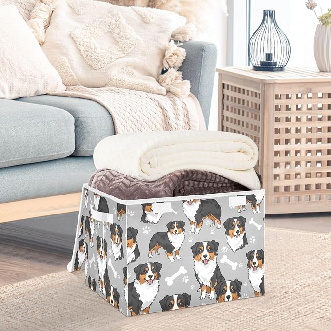 Dog Bone Paw Print Storage Bins with Lids Closet Bedroom 40L Fabric Bin | Decorative Storage Boxes, Foldable & Stackable, Dust-Proof Flip Top, Reinforced Handles, For Home & Dorm, Clothes & Toy Box