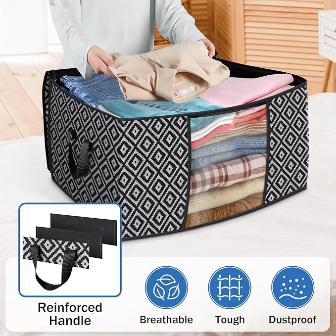 100L 3 Pack Storage Bags, Foldable Clothes Bins with Clear Window, Black | Blanket Storage Containers with Reinforced Handles for Bedding, Comforters, Clothing, Quilts and Closet Organization