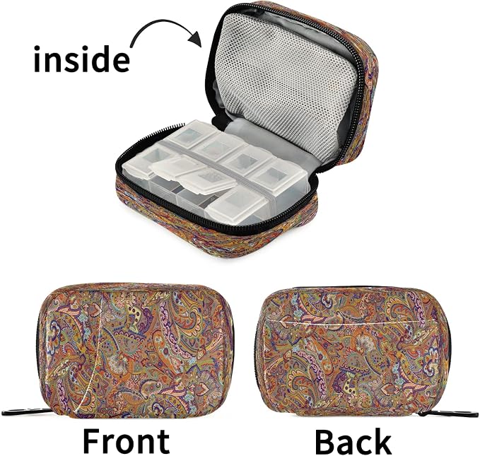 Naanle Vintage Paisley Flower Pill Box 7 Day Pill Case Travel Pill Organizer Bag with Zipper Portable Weekly Case Compact Size for Vitamin Supplement Holder