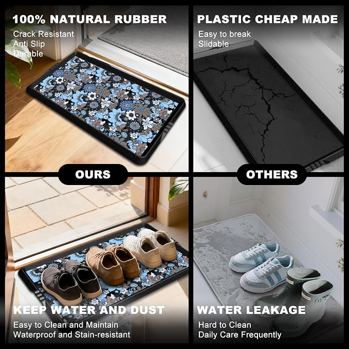 BEHERO Boot Tray Shoe Mat Decorative Patterned, Rubber Shoe Matt Tray Indoor/Outdoor Use, 16" x47.5" Shoe Cleaning Mat Non-Slip, Shoe Storage Waterproof Flower Prints for Entryway, Velvet Bloom