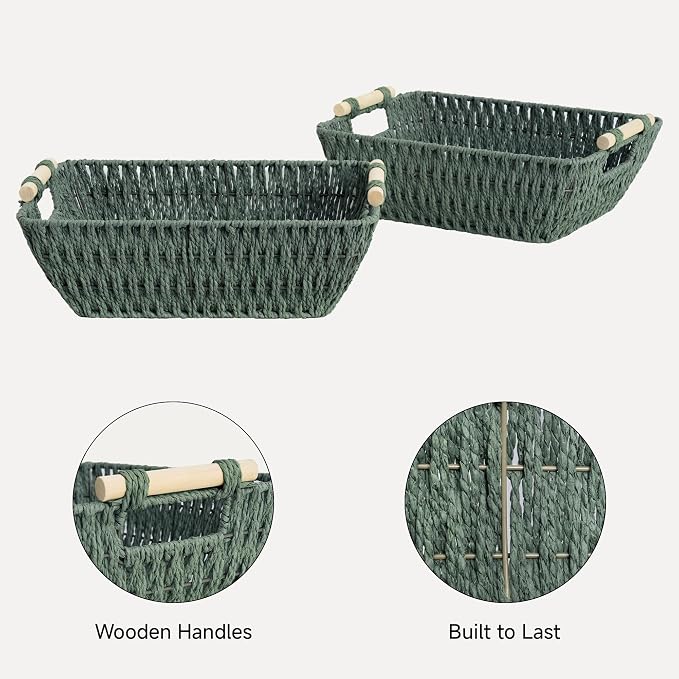 StorageWorks Wicker Storage Basket, Baskets for Storage, Bosana Green | Wicker Storage Baskets for Shelves, Baskets with Wooden Handles, 2-Pack Gifts Basket for Home Decor, Hand-Woven Basket