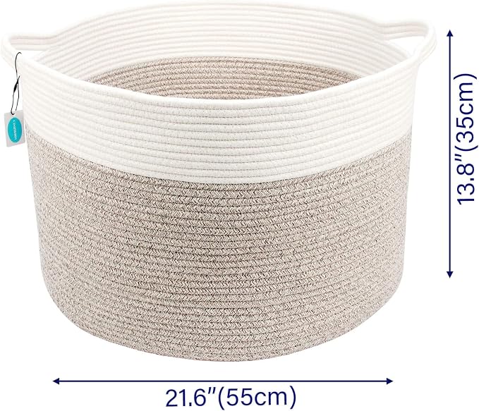 Casaphoria XXXLarge Cotton Rope Basket for Living Room - Woven Storage Basket with Handle for Blankets, Towels and Pillows Laundry Hamper | Cream white and Brown (22" x 22" x 14")