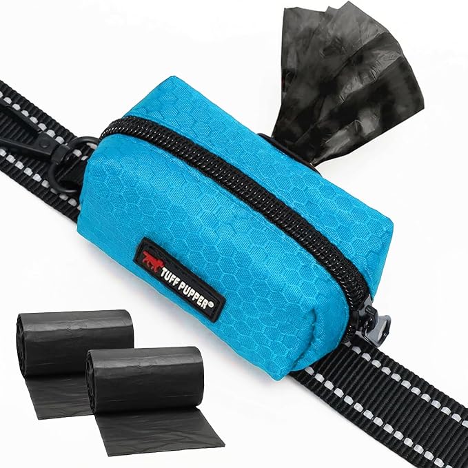 Tuff Pupper Dog Poop Bag Holder | Works with Any Dog Leash | Zippered Waste Bag Dispenser | Waterproof with Rust-Proof Clip | Convenient Lightweight Design | Includes 2 Rolls of Leak-Proof Bags