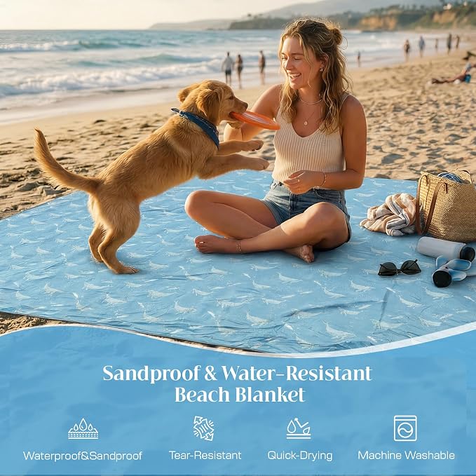 OIGAE Beach Blanket Waterproof Sandproof Oversized Beach Mat | Picnic Mat with Stakes, Storage Bag - Essentials for Outdoor Beach, Picnic,Quick-Dry Lightweight,Windproof Pockets