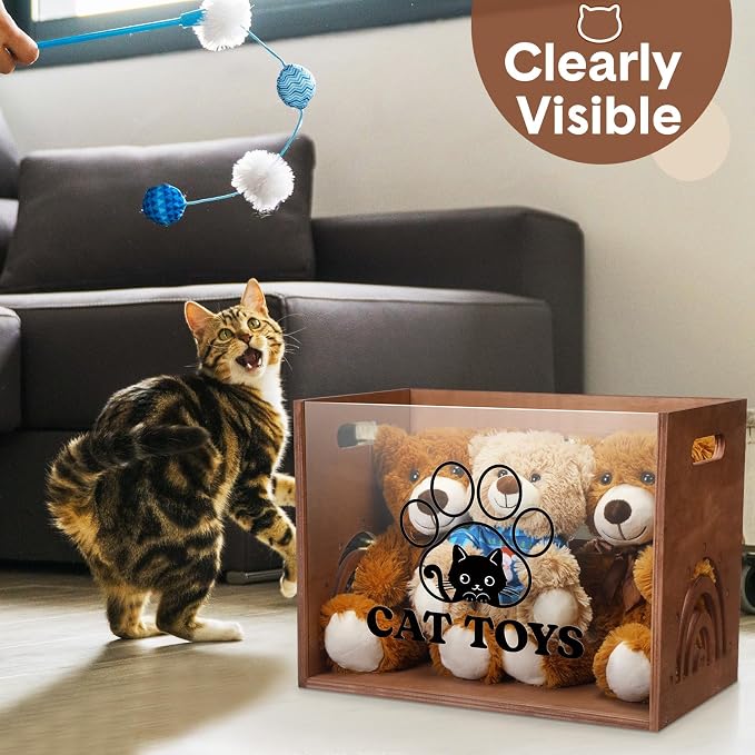 Beeveer Large Cat Toy Basket Cat Toy Box Wooden Storage Bin with Acrylic Board Storage Box for Puppy Toys Pet Food and Accessories Organizer Holder Basket for Living Room Area(Brown, Cat)