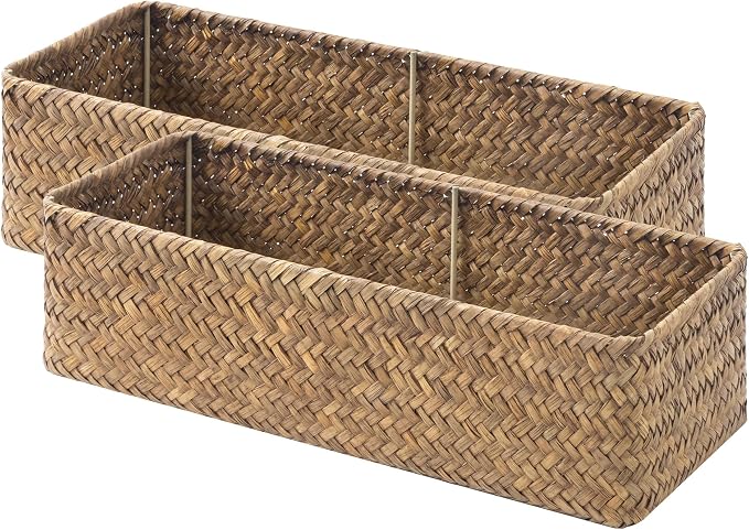 StorageWorks Small Toilet Paper Basket for Back of Toilet Basket, Brown | Wicker Seagrass Baskets for Bathroom Decor, Decorative Bathroom Basket Organizer for Tank Topper, 2 Pack
