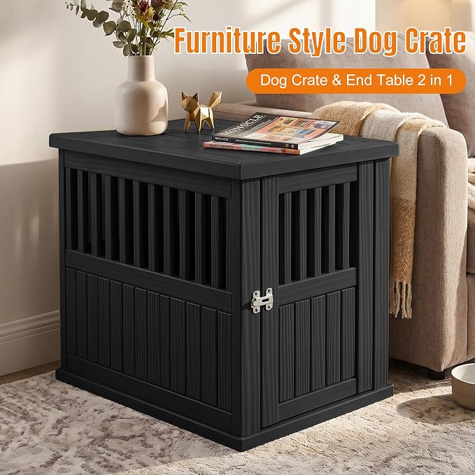 EFU 32 Inch Small Dog Crate Furniture, Indoor Dog Kennel, Puppy Pet House | Resin Pet House End Side Table, Waterproof Puppy Crates Cage for Medium Small Dogs to 45 lb, Black