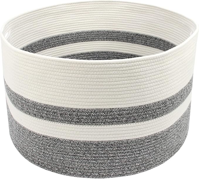 Casaphoria XXXLarge Cotton Rope Basket for Living Room - Woven Storage Basket with Handle for Blankets, Towels and Pillows Laundry Hamper | White and Grey (22" x 22" x 14")