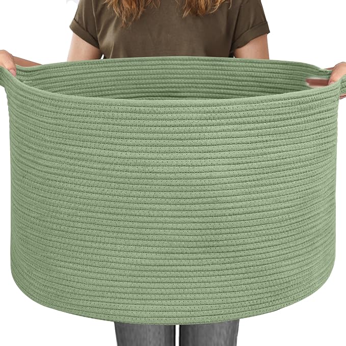 115L Oversized Green Basket, 23.6"x15.7" Woven Cotton Rope Bin for Blankets, Nursery Wicker Laundry Hamper, Kids Toy Storage Bin, Sage Green Living Room Bedroom Decor Baskets for Organizing