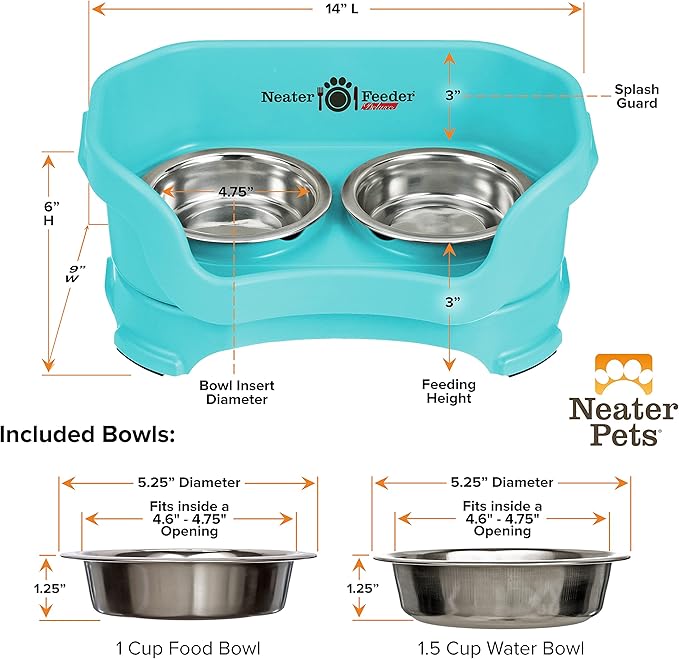 Neater Pet Brands Neater Feeder Deluxe Mess Proof Cat Bowls Elevated, Made in USA, No Spill Raised Bowls for Indoor Cats, Stainless Steel Food and Water Bowl Set, Pet Dish Feeding Station, Aquamarine