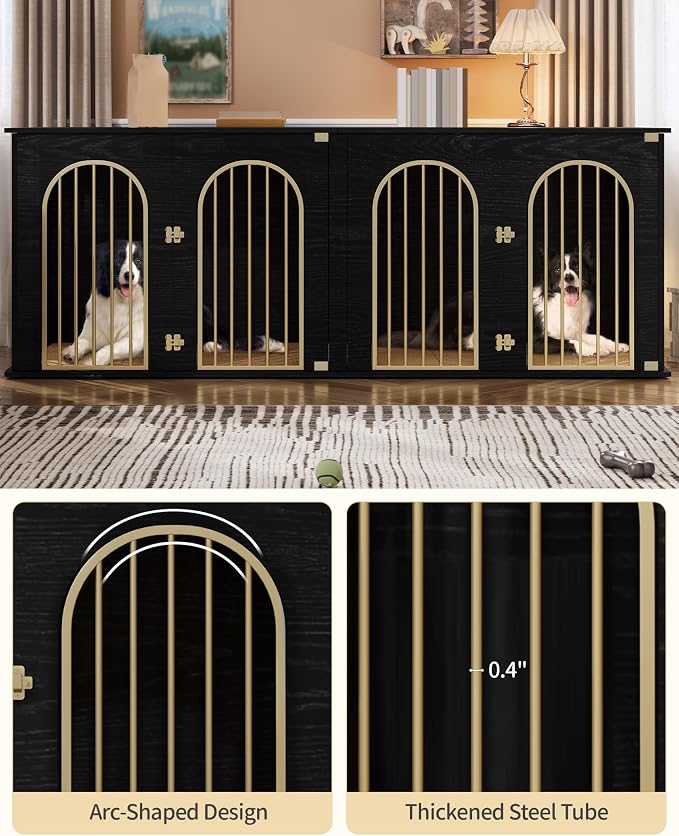 Hzuaneri 86.6" Double Dog Crate Furniture, Dog Kennel Indoor with Cushion | Heavy Duty Dog Crate Furniture for 2 Dogs,Dog Cage End Table TV Stand with Divider for Med-Large Dogs,Black Gold DFC84004AV1