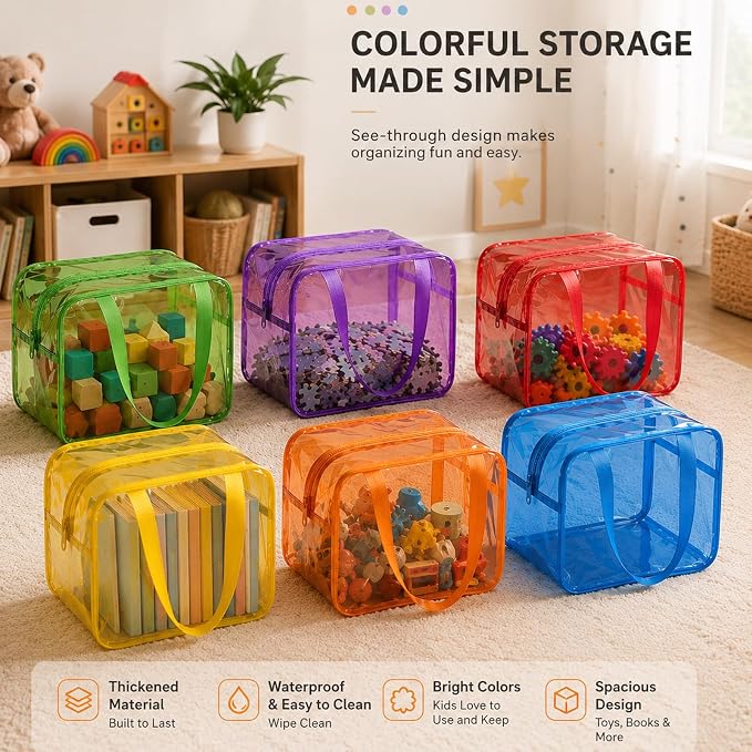 Shinylin 6 Pack Colorful Large Toy Storage Bags with Zipper 9.8 x 5.9 x 7.1 Inch Reusable Waterproof PVC Board Game Storage Bags with Labels for Puzzles Building Blocks Book Stationery