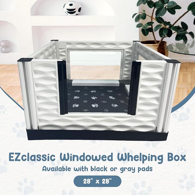 EZclassic Windowed 28x28x18 in Whelping Box with Rails, Gray Pad | Compact 28x28 windowed whelping box with puppy rails, clear viewing walls, waterproof gray pad, and portable tool-free setup