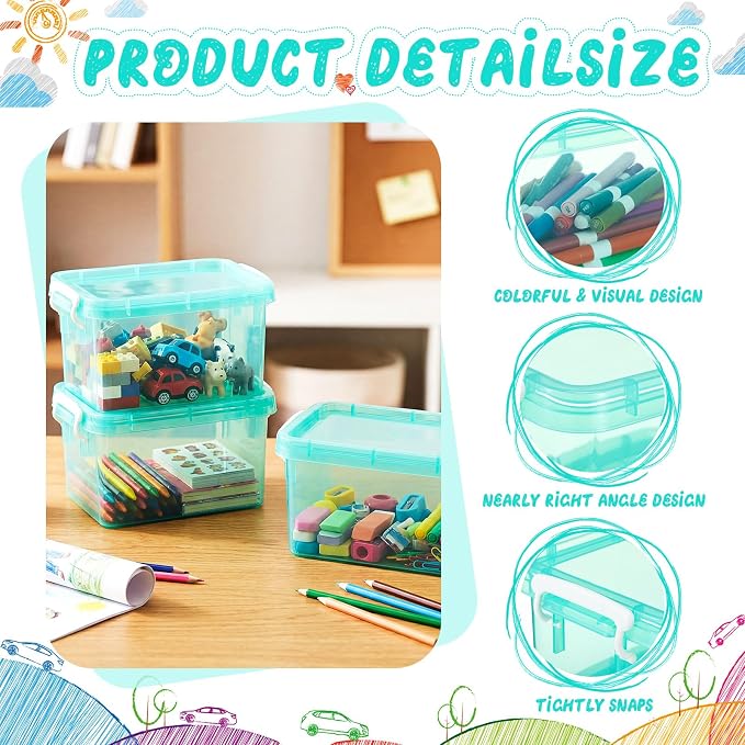 6 Pack Colorful Plastic Storage Bins with Lids 4 Quart Small Storage Latch Box Stackable and Nestable Clear Organizer Bins with Latching Handle and Buckle for Organizing (Teal)