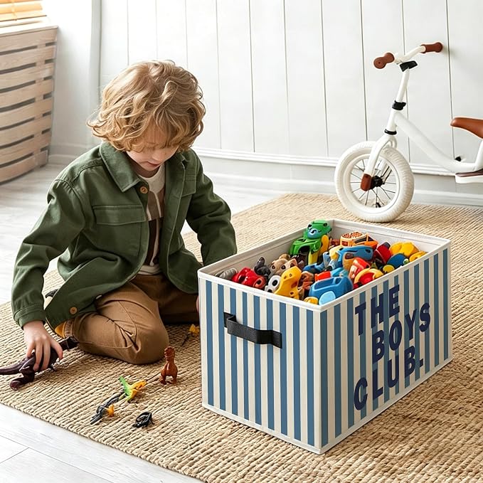 Kids Boy Nursery Playroom Foldable Storage Bins Box with Handles, the Boys Club Blue Striped Decorative Storage Boxes Baskets Toybox Organizer for Kids Boy Nursery Room Bedroom Playroom