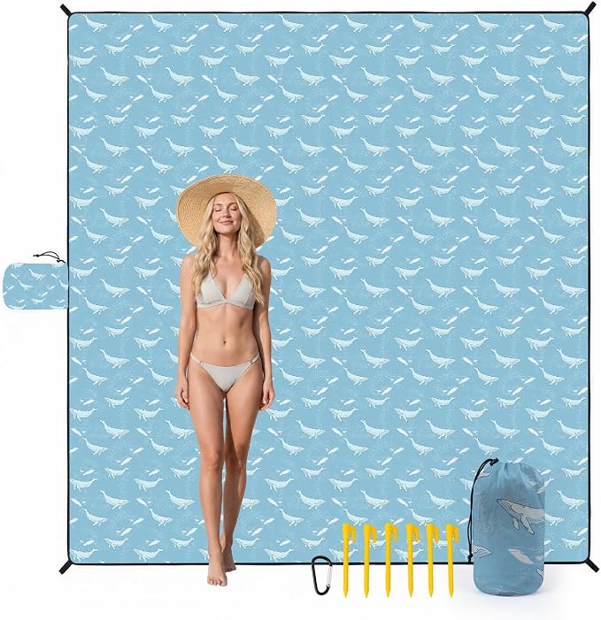 OIGAE Beach Blanket Waterproof Sandproof Oversized Beach Mat | Picnic Mat with Stakes, Storage Bag - Essentials for Outdoor Beach, Picnic,Quick-Dry Lightweight,Windproof Pockets