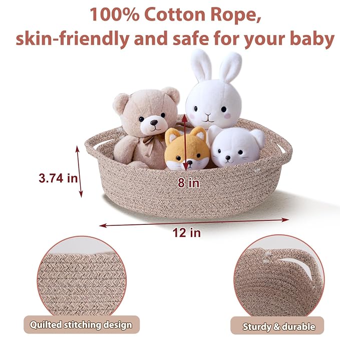 Small Basket with Gift Bags and Ribbons，Small Woven Basket Cute Oval Cotton Rope Gifts with Handle Empty Baby Wicker Storage Basket for Baby Showers Pet Toy Bin (4 Pack (12"x 8"x 3.74"))