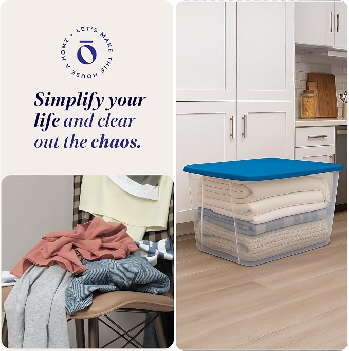 HOMZ 2-Pack Snaplock, Large Clear Plastic Storage Organizer Bins w/Lids, 56 Quart, Blue - Stackable Container Boxes for Bedroom, Bathroom, Garage, and Office Organization