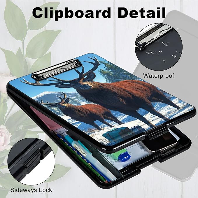 Heavy Duty Storage Clipboard, Slim Nursing Clipboard with Internal Pen Case, Portable File Organizer Case for A4 Letter Size Paper Office Medical Professionals, Snow Mountain Deer