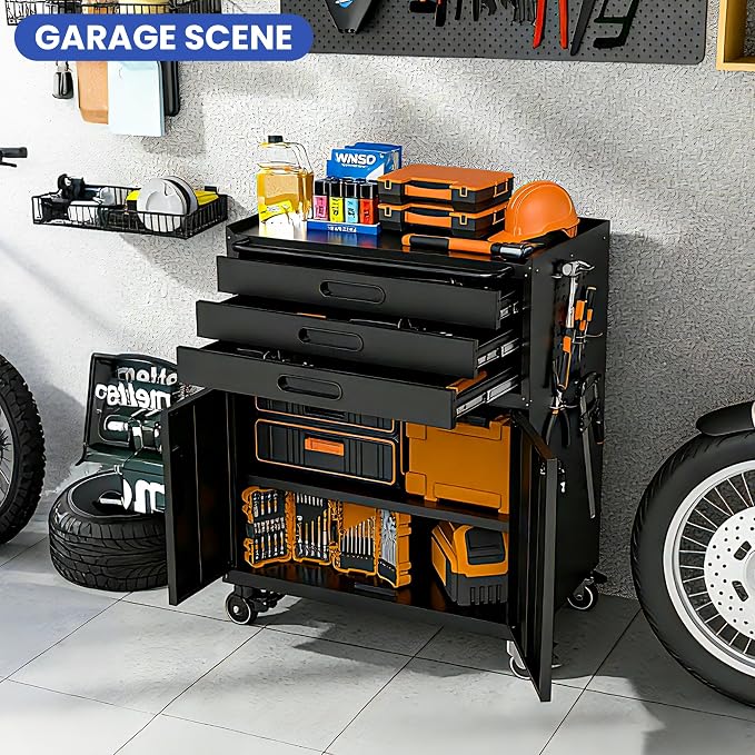 Metal Mobile Tool Storage Cabinet with 2 Locking Door and 3 Drawer | Black Heavy Duty Rolling Tool Cabinets for Garage,Metal Storage Cabinets with Wheels and Pegboard,Assembly Required