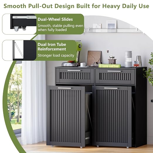 Double 13 Gallon Pull Out Trash Can Cabinet with Drawer, Garbage Cabinet | Pet Proof Hidden Trash Storage, Fluted Farmhouse Design, Space-Saving Kitchen Organizer, Dining Room Storage,Black