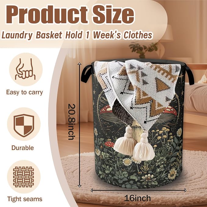 Laundry Basket Vintage Mushroom,Collapsible Waterproof Oxford Cloth with Handles,Celestial Forest Laundry Hamper Clothes Storage Bucket Toy Organizer for Bathroom/Nursery/Bedroom 16" x 20.8"