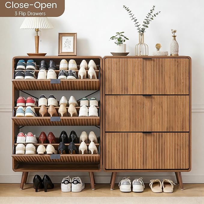 FurSch Fluted Shoe Storage Cabinet with 3 Flip Drawers, Narrow Shoe Rack Cabinet Organizer with Adjustable & Removable Shelves for Entryway (All Walnut, 3 Drawers)