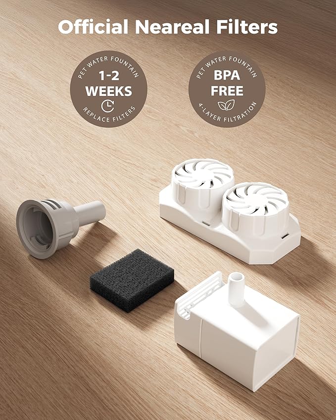 Neareal Cat Water Fountain Replacement Filters & Pre-Filter Sponges Compatible with 74oz/2.2L Stainless Steel Pet Fountain (12 Filters & 12 Sponges)