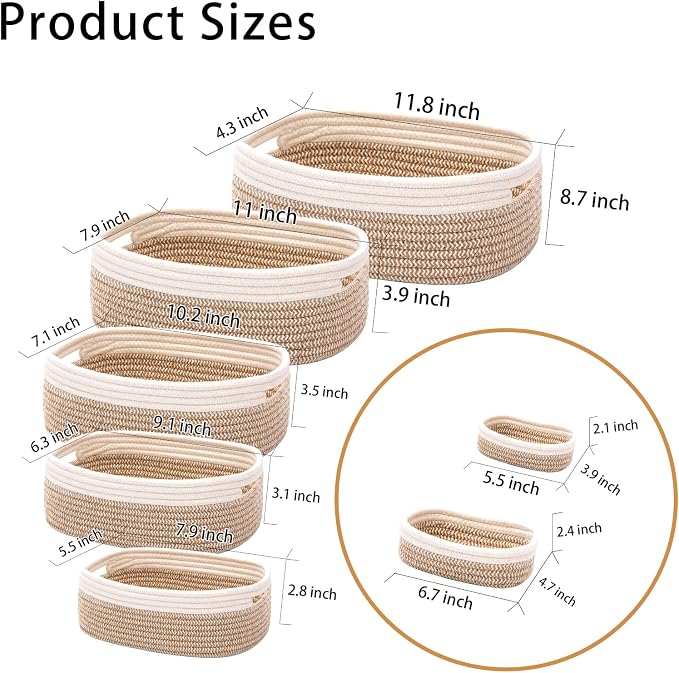 7 Piece Cotton Rope Woven Basket Set - Small Basket for Baby Nursery, Pets, Montessori, Dog & Cat Toy Boxes, Bathroom Organization Bins (White/Brown)