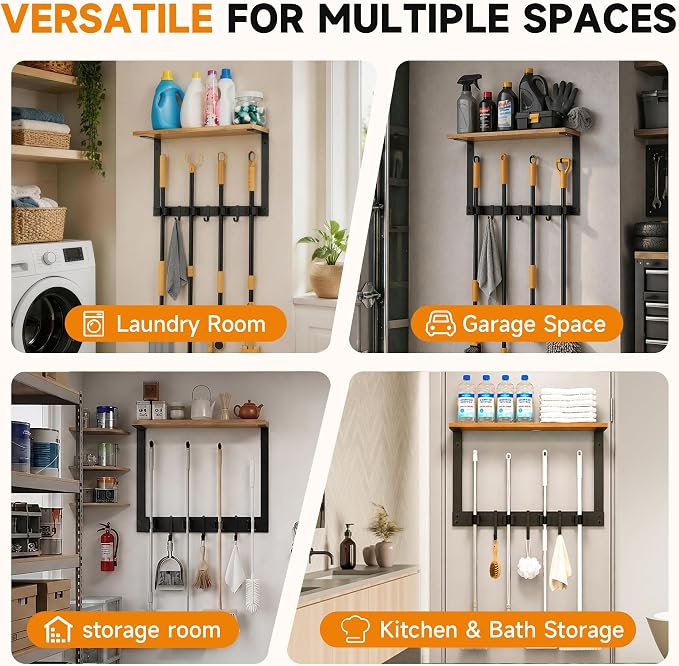 Broom Holder Wall Mount, Broom and Mop Organizer Wall Hanging with Solid Wood Frame,Organizer Rack Built with 4 Grippers & 3 Hooks; Broom Hanger Wall Mount for Laundry Room, Garages and Storage Room
