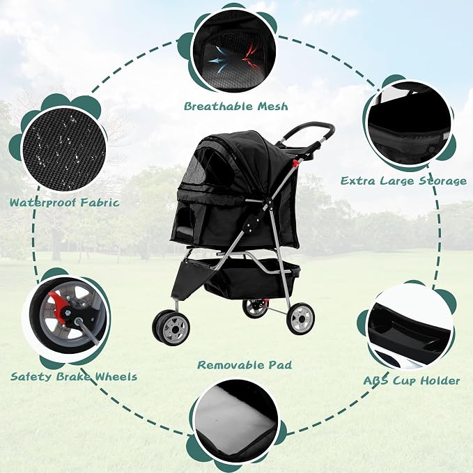Dog Stroller with Storage Basket,3 Wheels Pet Stroller,Breathable Compact Portable Folding Carrier for Travel,Camping,Dog Carrier for Small Medium Dogs Or Cats,Lightweight Waterproof Pet Stroller