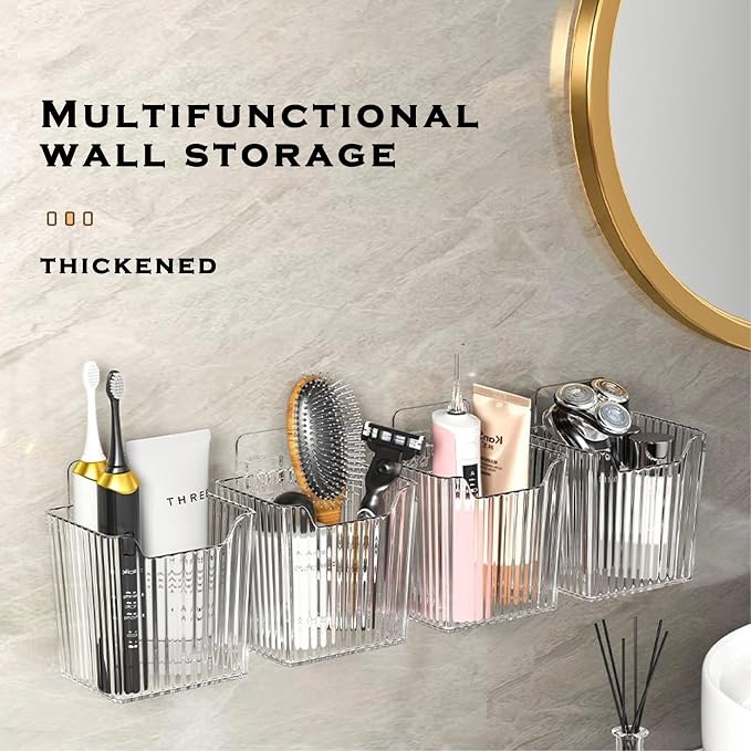 4 Pack Acrylic Wall Mount Organizer, Adhesive Cabinet Door Storage Bins, Clear Makeup Containers, Stackable Organizer Basket for Kitchen, Bathroom, Cabinet, Pantry, Office