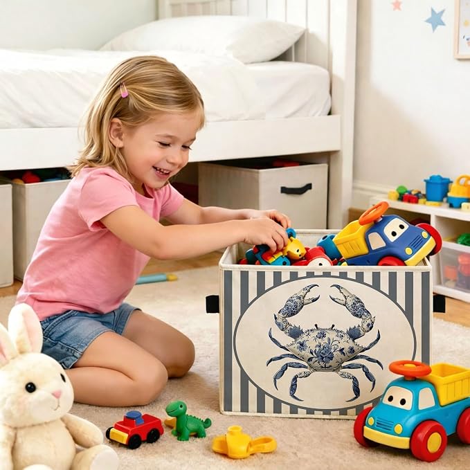 Crab Storage Bin, Foldable Fabric Basket for Kids Room Bathroom | Foldable fabric storage bin with coastal crab design for toys, books, clothes, nursery, bathroom, and playroom use.
