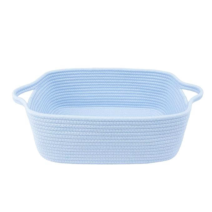 XUANGUO Medium Woven Cotton Rope Storage Basket with Handles, Blue | Small decorative rectangle storage bin for baby nursery items and cat toys; ideal as an empty gift basket or dog toy basket