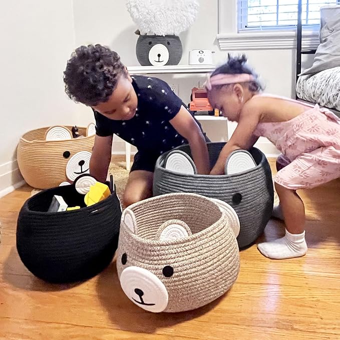 CherryNow Baby Basket for Gifts Empty, Cute Bear Design, Light Brown | 10.5" x 8.5" Baby Shower Basket for Kids Boys Newborn Storage, Toy Basket for Living Room Nursery Décor, Soft Cotton Rope