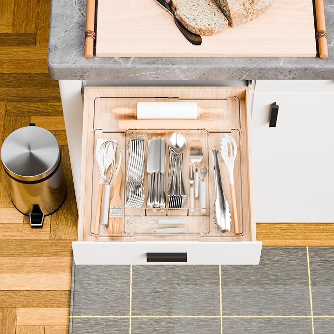Acrylic Clear Expandable Kitchen Utensil Drawer Organizer and Silverware Organizer,BPA FREE Adjustable Silverware Tray for Drawer Cutlery,Spatula,Tools,Flatware Organizers,Fork and Spoon Holder