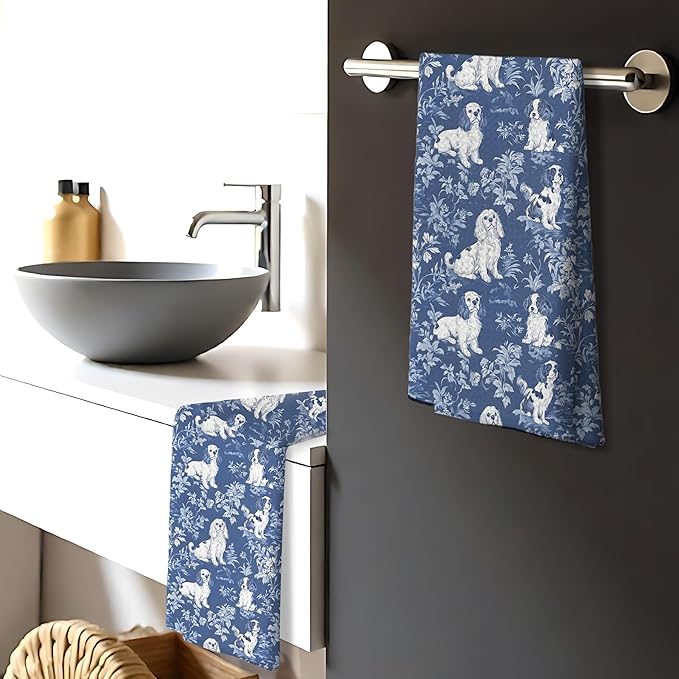 Chinoiserie Cavalier King Charles Spaniel Kitchen Towels Set of 4, Blue and White Floral Dog Decorative Dog Dish Tea Towels,Grandmillennial Hand Towels for Kitchen Bathroom, 16x24 Inch