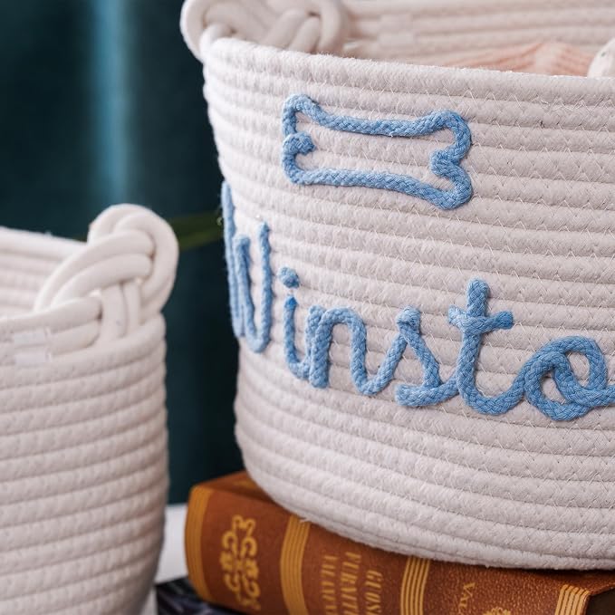 JUPPE Pet Dog Basket with Personalized Name, Dog Toys Storage Organizer Custom Cotton Rope Basket Nursery Decor (Pet Basket)