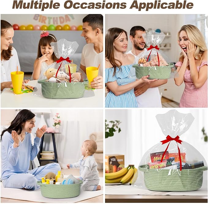 Small Baskets for Gifts Empty, 13"x 9"x 5" Woven Gift Basket with Bag and Ribbon, Cotton Rope Kids Dog Cat Toy Bin Box, Cute Baby Nursery Organizer, Decorative Storage with Handles, Green