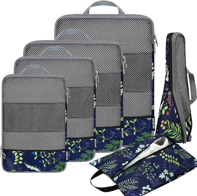 BAGAIL 4 Set/6 Set/8 Set Compression Packing Cubes Travel Accessories Expandable Packing Organizers (Half Mesh, 6-Navy Leaf)