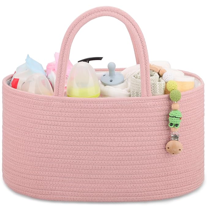 COMSE Baby Diaper Caddy Organizer for Girls, Cotton Rope, Dusty Pink