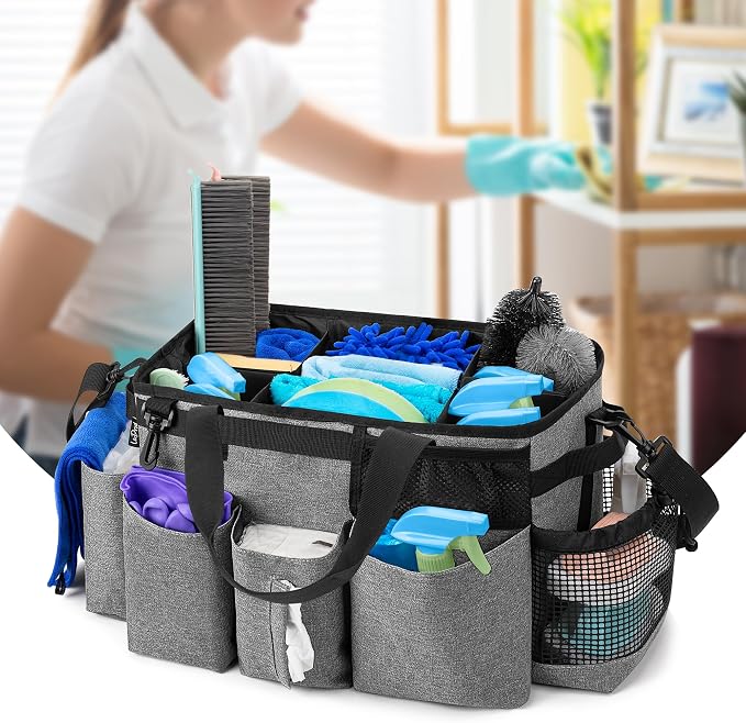 LoDrid Wearable Cleaning Caddy Bag with 4 Foldable Dividers, Grey | Cleaning Supply Organizer with Shoulder Strap and Side Handles for Cleaners & Housekeepers