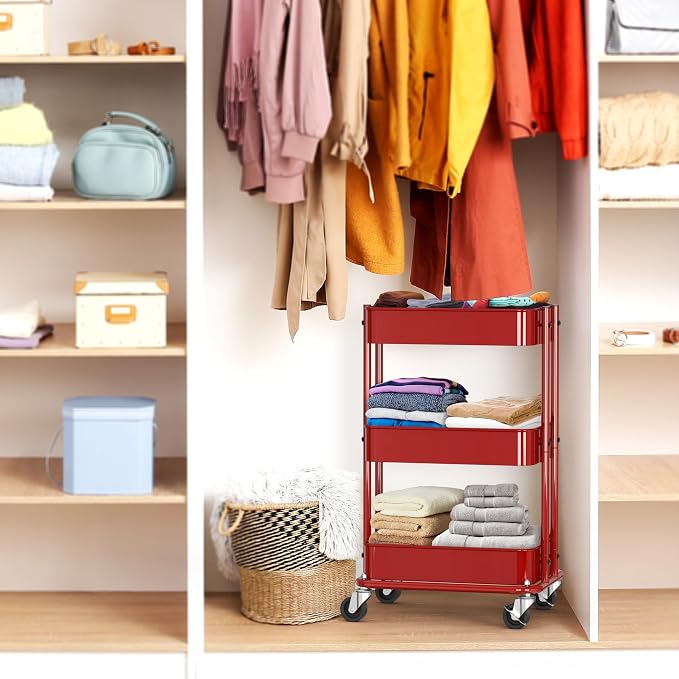 Simple Houseware 3-Tier Utility Cart, Low 24" Height Fits Under Desk, Red | Compact & Lower Height Great for Under-Desk Space-Saving Storage for Home Office, Dining Room, or Kitchen
