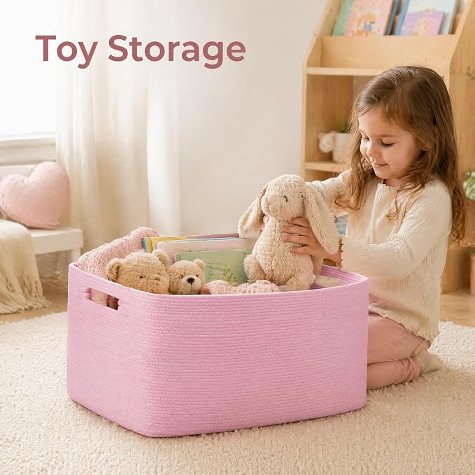 Cotton Rope Laundry Basket Large, 19.2GAL Collapsible Woven Storage Baskets for Living Room Kids Toys Stuffed Animal,Boho Rectangular Decorative Short Hamper for Dirty Clothes, Blankets Light Pink