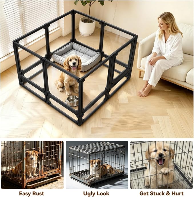 Dog Playpen, Expandable & Stackable Acrylic Dog Play Pen, FlexiSpace Adjustable Clear Dog Enclosure Indoors, Transparent Dog Fence for Dogs Cats Rabbits Small Animals (Black, 34", 8 Panels)
