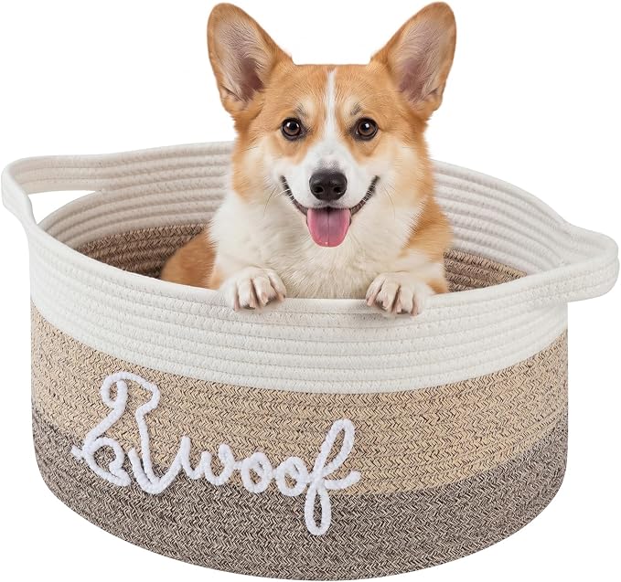 OIAHOMY 22L Large Dog Toy Basket, 16.5"x11.4"x9" Cotton Rope Basket with Cute Woof Embroidery, Soft Woven Pet Toy Box with Handles for Blankets, Leashes & Puppy Accessories, Decorative Organizer Brown